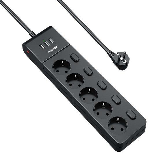 TP-FI3U5E Steckdosenleiste mit 5 EU-Steckdosen und 3 USB-Anschlüssen, ideal für Zuhause und Büro.